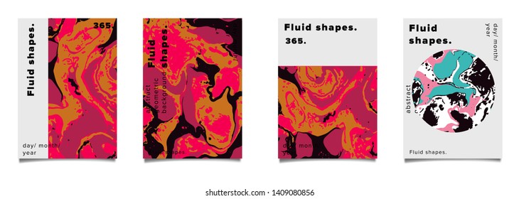 Set of abstract colorful minimal artistic neon vector posters with beautiful marbled texture. Collection of geometric craft covers made using Turkish Paper Marbling or Ebru Technique.