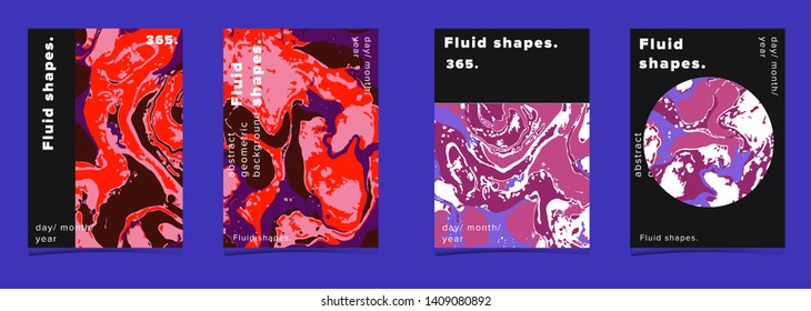 Set of abstract colorful minimal artistic neon vector posters with beautiful marbled texture. Collection of geometric craft covers made using Turkish Paper Marbling or Ebru Technique.