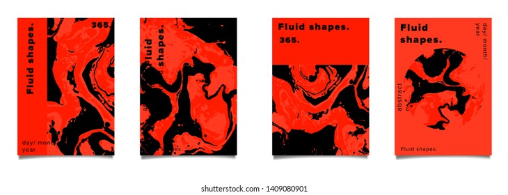 Set of abstract colorful minimal artistic vector posters with beautiful marbled texture. Collection of geometric craft covers made using Turkish Paper Marbling or Ebru Technique.