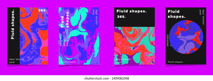 Set of abstract colorful minimal artistic neon vector posters with beautiful marbled texture. Collection of geometric craft covers made using Turkish Paper Marbling or Ebru Technique.