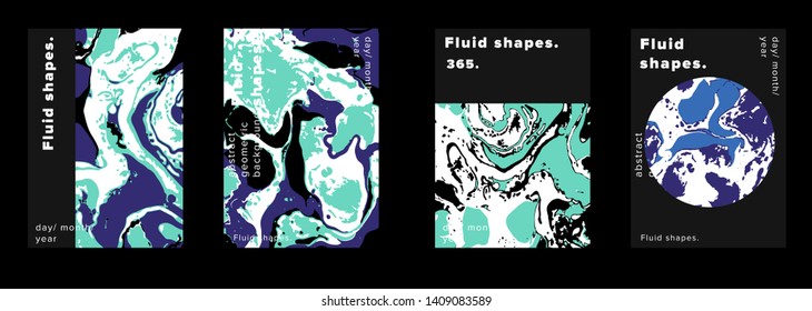 Set of abstract colorful minimal artistic neon vector posters with beautiful marbled texture. Collection of geometric craft covers made using Turkish Paper Marbling or Ebru Technique.