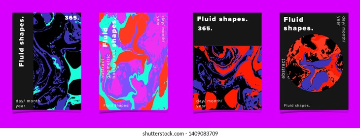 Set of abstract colorful minimal artistic neon vector posters with beautiful marbled texture. Collection of geometric craft covers made using Turkish Paper Marbling or Ebru Technique.