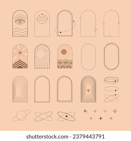 Set of abstract colorful minimalistic linear design elements, geometric forms, modern arch shapes.
Suitable for graphic prints and posters, branding and logo design templates, frames and photo overlay