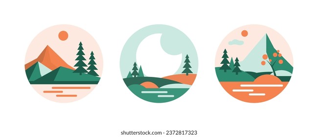 Set of abstract colorful mountain logos Isolated on white background vector illustration. Flat colorful vector illustration. Cartoon style. Freehand drawing. Round shape