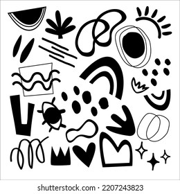 A set of abstract colorful objects. Hand drawn doodle modern shapes, spots, drops, curves, lines. Contemporary modern trendy vector. 
