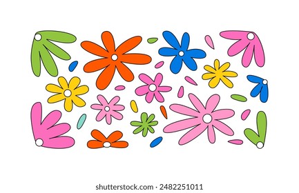 Set of abstract colorful outline flowers. Vector flat illustration in retro groovy style. Cute childish cliparts