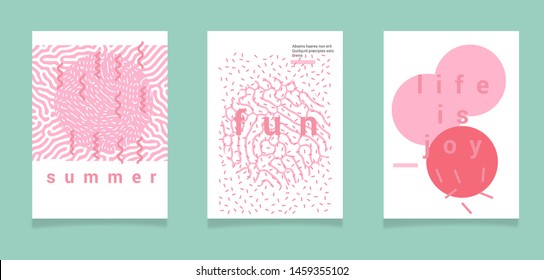 Set of abstract colorful posters for summer beach party with motivational quotes. Vaporwave neo-memphis style, juicy punchy pastel color tones: millennial pink, mint green.