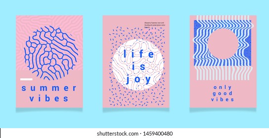 Set of abstract colorful posters for summer beach party with motivational quotes. Vaporwave neo-memphis style, juicy punchy pastel color tones: millennial pink, mint green.