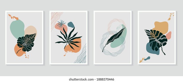 Set of abstract colorful posters for summer party with palm leaves. Vaporwave neo-memphis style, juicy punchy pastel color tones: millennial pink, mint green, blue.