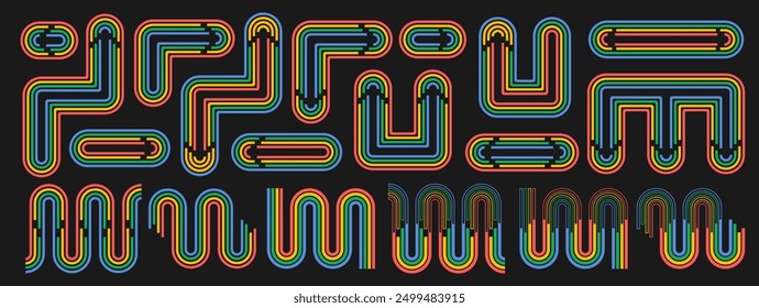 Conjunto de flechas de arco iris de colores abstractos, arcos en estilo retro, groovy, años 70, años 60. Elementos a rayas aislados para Anuncios, carteles, presentaciones, volantes con espacio negativo sobre negro. Vector EPS10