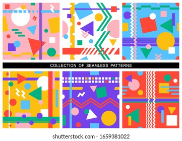 Conjunto de fondos abstractos y coloridos sin costura con patrones geométricos. Múltiples círculos, cuadrados, triángulos, líneas, zigzags, flechas. Textura repetitiva para el diseño de papel pintado, tapa, textil, envoltura.