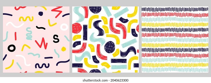 Set of abstract colorful seamless patterns. Vector hand drawn illustration.