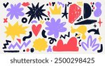 Set of abstract colorful shapes sticker pack. Vector funky colored flower, bubble, star, squiggly, arrow in trendy style. Drawing doodle charcoal squiggles, chalk curly. Pencil rough highlighters.