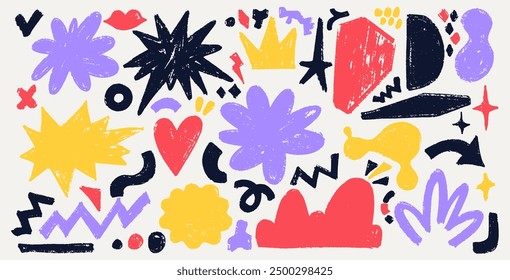 Set of abstract colorful shapes sticker pack. Vector funky colored flower, bubble, star, squiggly, arrow in trendy style. Drawing doodle charcoal squiggles, chalk curly. Pencil rough highlighters.