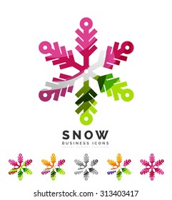 Conjunto de íconos abstractos coloridos del logo del copo de nieve, conceptos de invierno, diseño geométrico moderno y limpio. Creado con líneas abstractas transparentes
