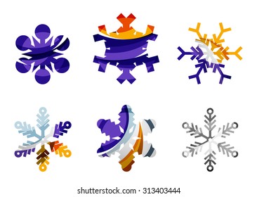 Conjunto de íconos abstractos coloridos del logo del copo de nieve, conceptos de invierno, diseño geométrico moderno y limpio. Creado con líneas abstractas transparentes