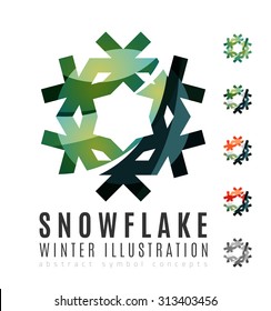 Conjunto de íconos abstractos coloridos del logo del copo de nieve, conceptos de invierno, diseño geométrico moderno y limpio. Creado con líneas abstractas transparentes