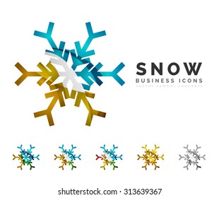 Conjunto de íconos abstractos del logo con copos de nieve, conceptos de invierno, diseño geométrico moderno y limpio. Creado con líneas abstractas transparentes