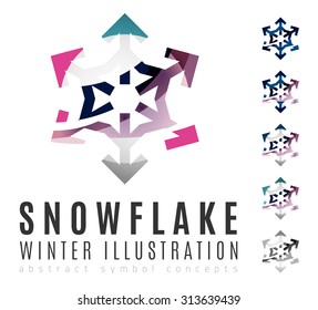 Conjunto de íconos abstractos coloridos del logo del copo de nieve, conceptos de invierno, diseño geométrico moderno y limpio. Creado con líneas abstractas transparentes