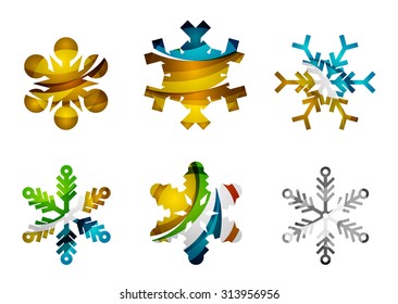 Set of abstract colorful snowflake logo icons, winter concepts, clean modern geometric design. Created with transparent abstract lines