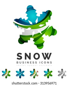 Conjunto de íconos abstractos coloridos del logo del copo de nieve, conceptos de invierno, diseño geométrico moderno y limpio. Creado con líneas abstractas transparentes
