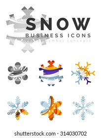 Conjunto de íconos abstractos coloridos del logo del copo de nieve, conceptos de invierno, diseño geométrico moderno y limpio. Creado con líneas abstractas transparentes