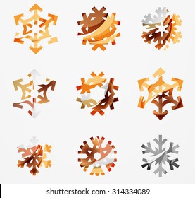 Conjunto de íconos abstractos coloridos del logo del copo de nieve, conceptos de invierno, diseño geométrico moderno y limpio. Creado con líneas abstractas transparentes