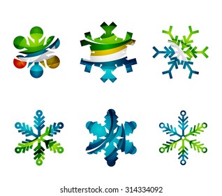 Conjunto de íconos abstractos coloridos del logo del copo de nieve, conceptos de invierno, diseño geométrico moderno y limpio. Creado con líneas abstractas transparentes