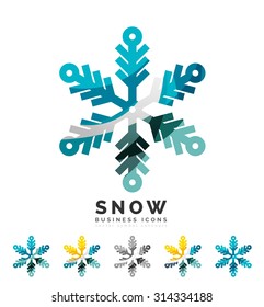 Set von abstrakten farbenfrohen Snowflake Logo Symbole, Winterkonzepte, sauberes modernes geometrisches Design. Mit transparenten abstrakten Linien erstellt