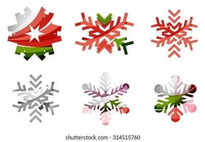 Conjunto de íconos abstractos coloridos del logo del copo de nieve, conceptos de invierno, diseño geométrico moderno y limpio. Creado con líneas abstractas transparentes