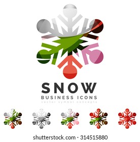 Conjunto de íconos abstractos coloridos del logo del copo de nieve, conceptos de invierno, diseño geométrico moderno y limpio. Creado con líneas abstractas transparentes