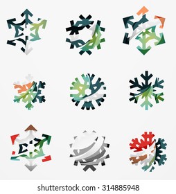 Conjunto de íconos abstractos coloridos del logo del copo de nieve, conceptos de invierno, diseño geométrico moderno y limpio. Creado con líneas abstractas transparentes