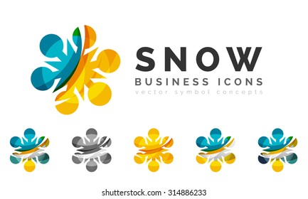 Set von abstrakten farbenfrohen Snowflake Logo Symbole, Winterkonzepte, sauberes modernes geometrisches Design. Mit transparenten abstrakten Linien erstellt