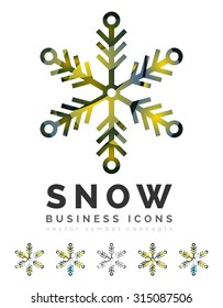 Set von abstrakten farbenfrohen Snowflake Logo Symbole, Winterkonzepte, sauberes modernes geometrisches Design. Mit transparenten abstrakten Linien erstellt