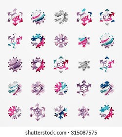 Conjunto de íconos abstractos coloridos del logo del copo de nieve, conceptos de invierno, diseño geométrico moderno y limpio. Creado con líneas abstractas transparentes