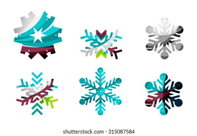 Conjunto de íconos abstractos coloridos del logo del copo de nieve, conceptos de invierno, diseño geométrico moderno y limpio. Creado con líneas abstractas transparentes