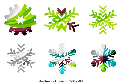 Conjunto de íconos abstractos coloridos del logo del copo de nieve, conceptos de invierno, diseño geométrico moderno y limpio. Creado con líneas abstractas transparentes