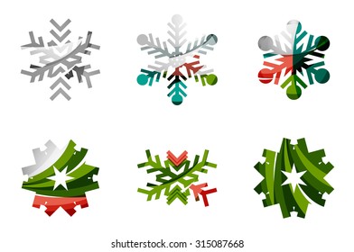 Conjunto de íconos abstractos coloridos del logo del copo de nieve, conceptos de invierno, diseño geométrico moderno y limpio. Creado con líneas abstractas transparentes