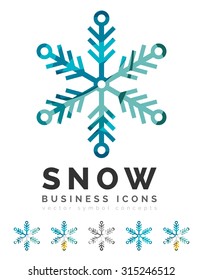 Set of abstract colorful snowflake logo icons, winter concepts, clean modern geometric design. Created with transparent abstract lines