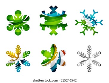 Set of abstract colorful snowflake logo icons, winter concepts, clean modern geometric design. Created with transparent abstract lines
