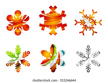 Conjunto de íconos abstractos coloridos del logo del copo de nieve, conceptos de invierno, diseño geométrico moderno y limpio. Creado con líneas abstractas transparentes