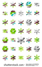 Conjunto de íconos abstractos coloridos del logo del copo de nieve, conceptos de invierno, diseño geométrico moderno y limpio. Creado con líneas abstractas transparentes