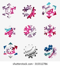Conjunto de íconos abstractos coloridos del logo del copo de nieve, conceptos de invierno, diseño geométrico moderno y limpio. Creado con líneas abstractas transparentes