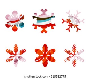Conjunto de íconos abstractos coloridos del logo del copo de nieve, conceptos de invierno, diseño geométrico moderno y limpio. Creado con líneas abstractas transparentes