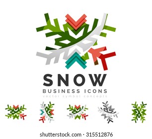 Conjunto de íconos abstractos coloridos del logo del copo de nieve, conceptos de invierno, diseño geométrico moderno y limpio. Creado con líneas abstractas transparentes
