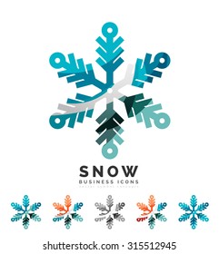 Conjunto de íconos abstractos coloridos del logo del copo de nieve, conceptos de invierno, diseño geométrico moderno y limpio. Creado con líneas abstractas transparentes