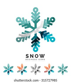 Conjunto de íconos abstractos coloridos del logo del copo de nieve, conceptos de invierno, diseño geométrico moderno y limpio. Creado con líneas abstractas transparentes