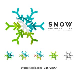Conjunto de íconos abstractos coloridos del logo del copo de nieve, conceptos de invierno, diseño geométrico moderno y limpio. Creado con líneas abstractas transparentes