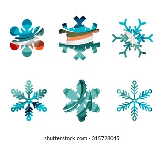 Conjunto de íconos abstractos coloridos del logo del copo de nieve, conceptos de invierno, diseño geométrico moderno y limpio. Creado con líneas abstractas transparentes