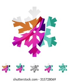 Conjunto de íconos abstractos coloridos del logo del copo de nieve, conceptos de invierno, diseño geométrico moderno y limpio. Creado con líneas abstractas transparentes
